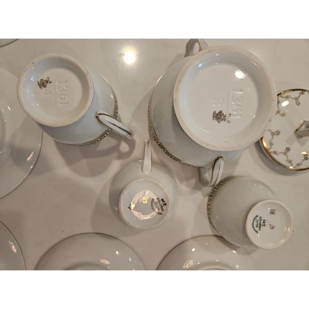 Antique Czech Austria 14 Piece Greek Key Cups Plates Creamer Sugar Porcelain